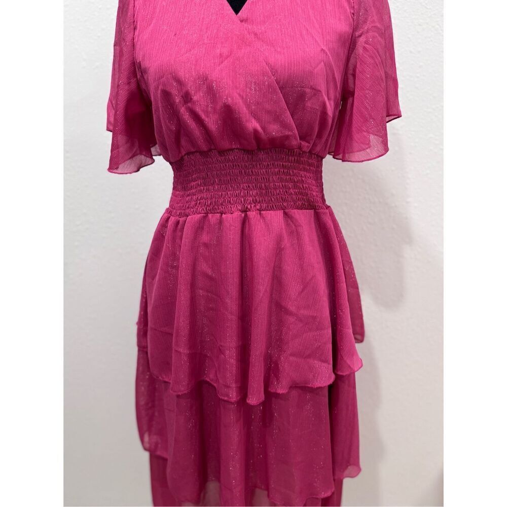 Ruffle Sleeve Wrap V Neck Midi Dresses for Women Causal Summer Smocked Waist Tie - Picture 4 of 10